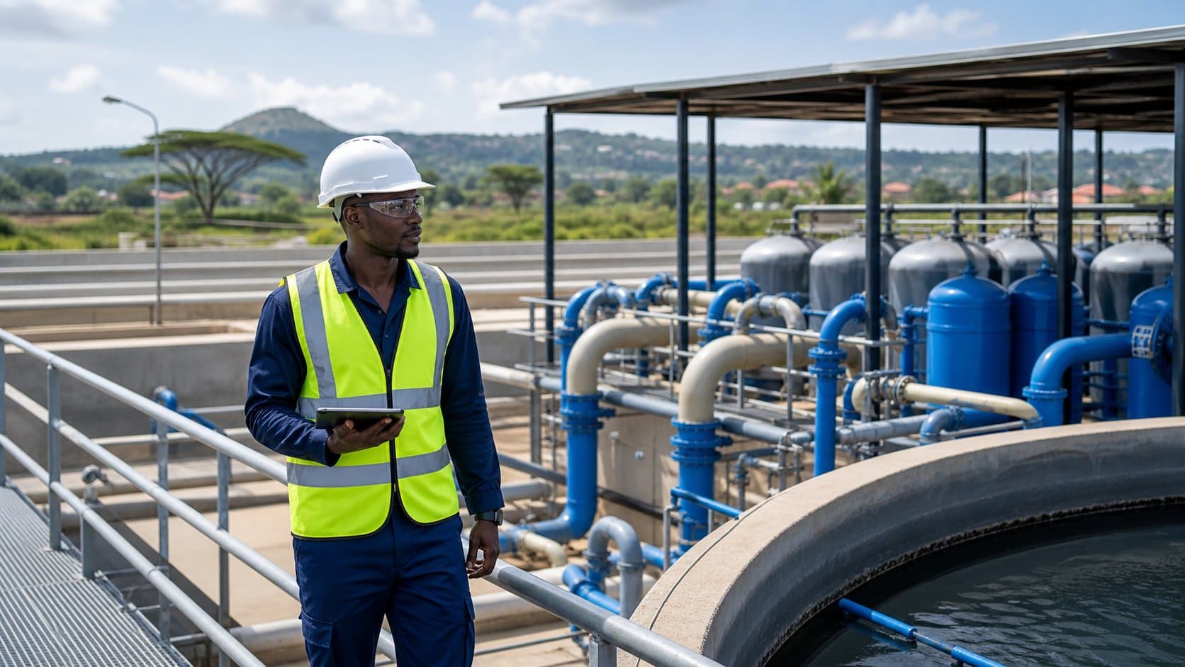Illustrative water-treatment facility with technician in East Africa